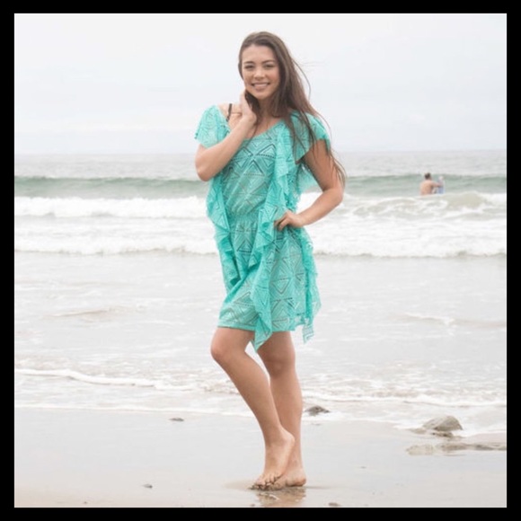 Summer Crochet Swimsuit Coverup Beach Dress Color: Teal - Picture 2 of 6